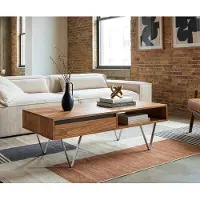 DELIFE Couchtisch Stonegrace 115x60x35 cm Akazie Natur Schiefer 2 Schubladen 1 Fach