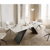 DELIFE Eetkamertafel Edge 180-220x100 keramiek Calacatta Luxe wit-goud-grijs V-frame vlak staal zwart uitschuifbaar