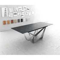 DELIFE Eettafel Edge 180-220x100cm Laminam keramiek grijs middenpoot vlak staal zilver