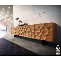 DELIFE Tv-meubel Solu 220 cm acacia natuur 2 deuren 4 laden onderstel zwevend metaal zwart 3D front