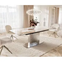 DELIFE Eetkamertafel Edge 180-220x100 keramiek Minas Melange wit-beige Wave RVS uitschuifbaar
