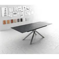 DELIFE Eettafel Edge 180-220x100cm Laminam keramiek grijs middenpoot kruis zilver