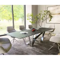 DELIFE Eettafel Edge 300x100cm Laminam keramiek grijs middenpoot vlak staal zilver