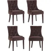CLP 4-delige set eetkamerstoelen Aberdeen, fluweel, antiek design, met frame van rubberhout, bruin. Framekleur: antiek