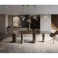 DELIFE Eettafel Edge Keramiek Emperador Extra Lucidato Donkerbruin 300x100 Pilier Metaal effectafwerking Titanium