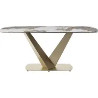 Vente-unique Eettafel voor 6 personen van keramiek, gehard glas en goudkleurig metaal - Wit marmereffect en grijs - PORELIMA van Maison Céphy