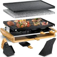 Kesser Gourmetstel 1200W met natuurlijke Grillplaat - Gourmetset Raclette Set voor 8 personen, Tafelgrill elektrische Grill met 8 pannetjes en houten spatel, antiaanbaklaag Bakplaat - 8 personen