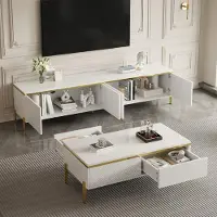 STILVORA Tv Meubel En Salontafel Set - Hoogglans Met Gouden Accenten - Met Opbergruimte Voor Woonkamer - Spaanplaat - 170x38x50;100x50x36 - Wit