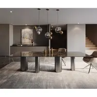 DELIFE Eettafel Edge Keramiek Emperador Extra Lucidato Donkerbruin 300x100 Pilier Roestvrij staal Grafiet