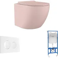 Vente-unique Set voor hang-wc van mat roze keramiek met voorwandsysteem en bedieningsplaat - JAVOINE