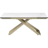 Vente-unique Verlengbare eettafel 6 tot 10 plaatsen van keramiek, gehard glas en metaal - Wit marmereffect en goudkleurig - XERENA van Maison Céphy