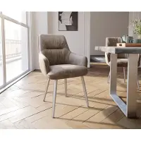 DELIFE Eetkamerstoel Zelia-Flex met armleuning microvelours taupe vintage 4-poot conisch roestvrij staal pocketveer kern