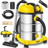 MASKO industriële stofzuiger nat-droog roestvrij staal 2300W + stopcontact | blaasfunctie | droog en nat zuigen | Push&Clean | industriële stofzuiger met en zonder zak | zakloos - Geel
