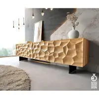 DELIFE Tv-meubel Solu 220 cm natuurlijk eiken 2 deuren 4 laden onderstel zwevend metaal zwart 3D front