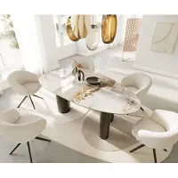 DELIFE Eettafel Edge ovaal 220x120 keramiek Minas Melange wit-beige pilier metaal effect afwerking titanium