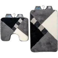 Wicotex - Badmat set met Toiletmat - WC mat met uitsparing Grijs - Zwart - Wit geblokt - Antislip onderkant
