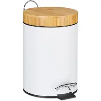 Relaxdays Vuilnisbak voor badkamer, 3 liter, cosmetische prullenbak met automatische deksel, bamboe deksel, uitneembaar binnenbakje, pedaalemmer, wit