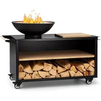 Blumfeldt Vuurschaal Savage 2.0 Wide met grill bamboe snijplank incl. regenhoes - 59 cm 11 kg - voor Tuin - Staal - Zwart - Hout Op Wieltjes - Vuurkorf Feuerschale Fire Bowl Tuinhaard