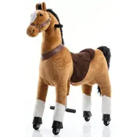 Vrooomy Paard op wielen voor kinderen, groot model (6–9 jaar) – Mechanisch paard met galopfunctie en stuur – Pluche knuffelpaard voor binnen en buiten – Bruin