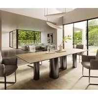 DELIFE Eetkamertafel Edge 300x100 keramiek Laminam Sabbia eiken kleur Pilier roestvrij staal grafiet