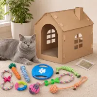 Northio Startpakket voor huisdieren (2-delig) – een kartonnen huisje met krabpaal voor katten en een set van 10 speeltjes voor honden