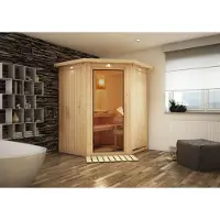 Karibu Sauna, binnensauna, hoekmodel, zonder accessoires, 151x151x198 cm, zonder daklijst, met bronzen deur