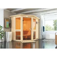 Karibu Sauna Interieurcabine Amelia: Binnen sauna met 2 houten zitbanken in een natuurlijke uitvoering. Wanddikte: 68 mm. Infrarood sauna