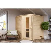 Karibu Woodfeeling Sauna Mia (Eckeinstieg): Houten deur met isolatieglas, warmte-geïsoleerd, bronskleurig, oven 9 kW met externe bediening, eenvoudig in gebruik