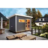 Karibu Holz tuinsauna / saunahuis "Skrollan 2", terragrondkleur, 336 x 231 x 231 cm (B x D x H), met oven van 9 kW + Easy bedieningspaneel, met deur van helder glas