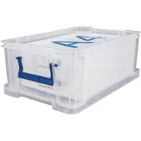 BANKERS BOX opbergdoos 10 liter, transparant met blauwe handvaten, set van 4 stuks verpakt in carton