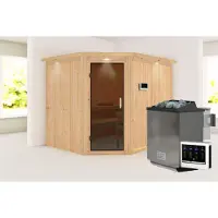 Karibu Sauna, binnencabine, model Malin. Inclusief 3 houten zitbanken, sauna met een wanddikte van 68 mm, stoomsauna en montagemateriaal