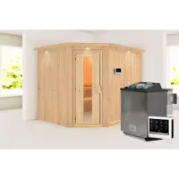 Karibu Sauna, binnensauna, model Malin, hoekopstelling. Oven: 9 kW, , externe bediening, easy. Afmetingen: 245x210x202 cm. Inclusief daklijst en energiebesparende deur