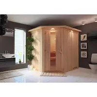 Karibu Sauna, binnensauna, model Siiri, met hoekopgang, oven van 9 kW, , externe bediening, afmetingen 210x184x202 cm, met daklijst, voorzien van energiebesparende deur
