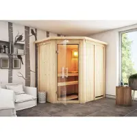 Karibu Sauna Carin (Eckeinstieg), volledig glazen deur, helder glas, zonder accessoires