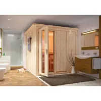 Karibu | Rodin Sauna met Dakkraag | Energiesparende Deur | Biokachel 9 kW Externe Bediening