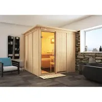 Karibu | Rodin Sauna met Dakkraag | Helderglas Deur | Biokachel 9 kW Externe Bediening