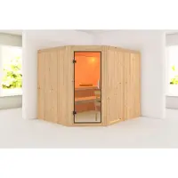 Karibu Sauna, binnensauna, model Malin, met hoekopstelling, zonder accessoires, afmetingen 231x196x198 cm, zonder daklijst, met deur van helder glas