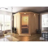 Karibu Sauna Jarin (Eckeinstieg), volledig glazen deur, helder glas, oven 9 kW met geïntegreerde bediening