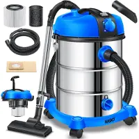 MASKO industriële stofzuiger nat-droog roestvrij staal 2300W + stopcontact | blaasfunctie | droog en nat zuigen | Push&Clean | industriële stofzuiger met en zonder zak | zakloos - Blauw / Grijs