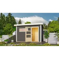 Karibu Holz tuinsauna / saunahuis "Skrollan 1", terragrondkleur, 336 x 196 x 228 cm (B x D x H), met oven van 9 kW + Easy Finnisch bedieningspaneel en deur met helder glas