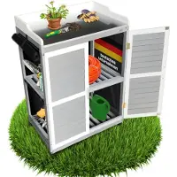 Coemo Lola Grijze Tuinkast 67x46x98 cm – Weerbestendige plantentafel met opbergruimte, gereedschapskast met gegalvaniseerd werkblad, oprolbare zijkanten | 1 plank, flexibele kast voor tuin, balkon en terras