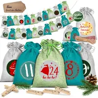 Kesser Adventskalender om zelf te vullen 24 Jute Zakjes Bedrukte Stoffen Kerst Zakjes Incl. 24x Labels + 1 Grote Stoffen Opbergzak Advent Kalender - Groen / 16 cm x 12 cm