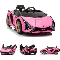 Es-toys Elektrische kinderauto "Lamborghini Sian" - met licentie - 12V accu, 2 motoren - 2.4GHz afstandsbediening, MP3-speler, lederen zitting + EVA-materiaal - roze/lichtroze