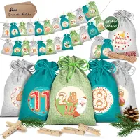 Kesser Adventskalender om zelf te vullen 24 Jute Zakjes Bedrukte Stoffen Kerst Zakjes Incl. 24x Labels + 1 Grote Stoffen Opbergzak Advent Kalender - Groen / Gekleurd - 14cm x 10cm