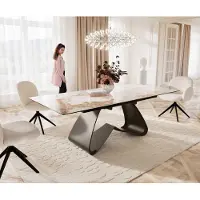 DELIFE Eettafel Edge 180-220x100 keramiek Minas Melange wit-beige W-frame effect afwerking titanium Uitschuifbaar