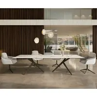 DELIFE Eetkamertafel Edge 300x100 keramiek Calacatta Luxe wit-Gold-grijs Estelar rond metaal effectafwerking titaan