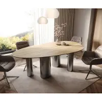 DELIFE Eetkamertafel Edge ovaal 220x120 keramiek Laminam Sabbia eiken kleur Pilier roestvrij staal grafiet