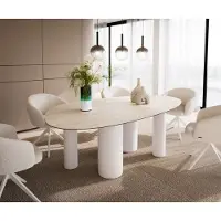 DELIFE Eetkamertafel Edge ovaal 220x120 keramiek LaminamTravertino Bianco Creme-wit ?Pilier metaal wit