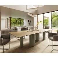 DELIFE Eetkamertafel Edge 300x100 keramiek Laminam Sabbia eiken kleur Pilier metaal effectafwerking titaan