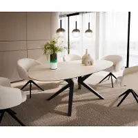 DELIFE Eetkamertafel Edge ovaal 220x120 keramiek LaminamTravertino Bianco Creme-wit? Zenthara hoekig metaal zwart